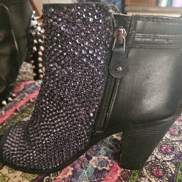 Gorgeous, Ink Blue, Sequined, Peep Toe, Ankle Boots - Picture 4 of 11